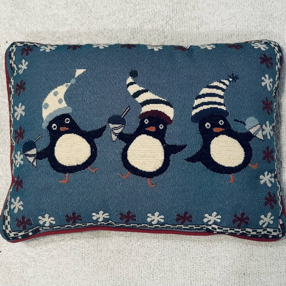 Holiday pillow penguins w snowcones decorative Christmas vintage blue white red